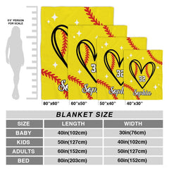 Folded view of softball heart throw blanket showcasing vibrant yellow and red seam graphics.