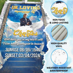 Infographic detailing outdoor features of celestial memorial drape