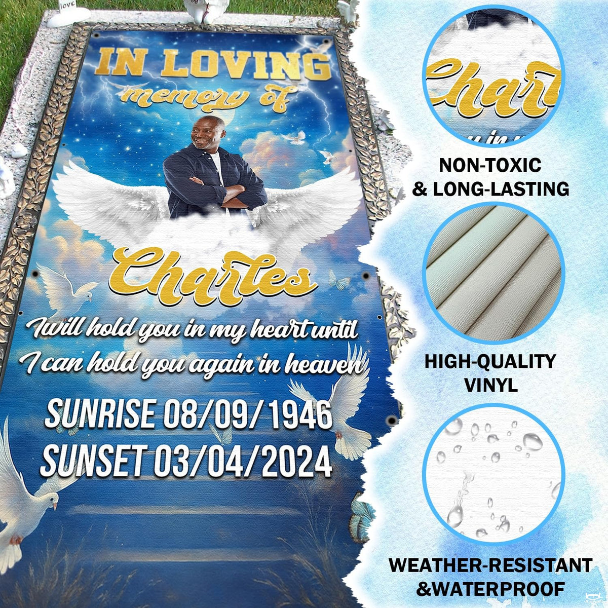 Infographic detailing outdoor features of celestial memorial drape