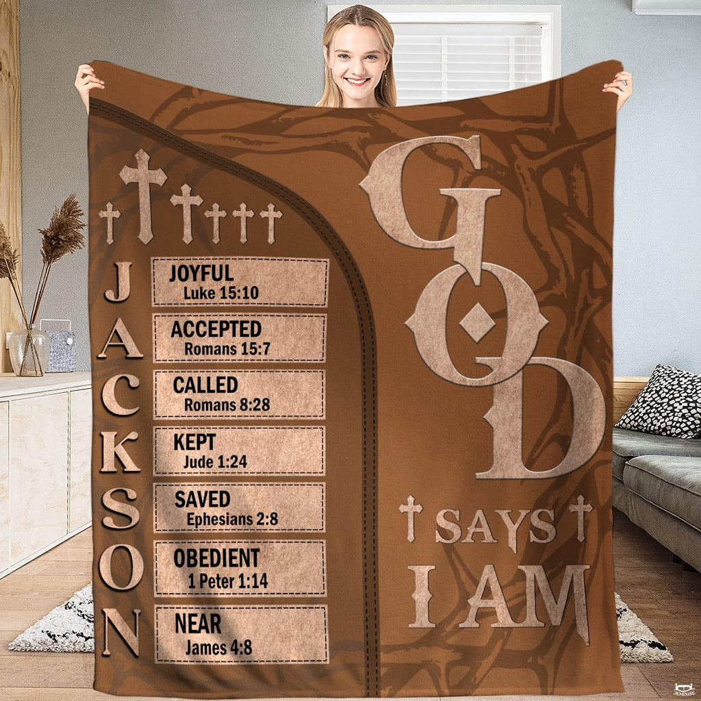 Christian scripture throw blanket featuring biblical plaques, Latin crosses, and crown of thorns.