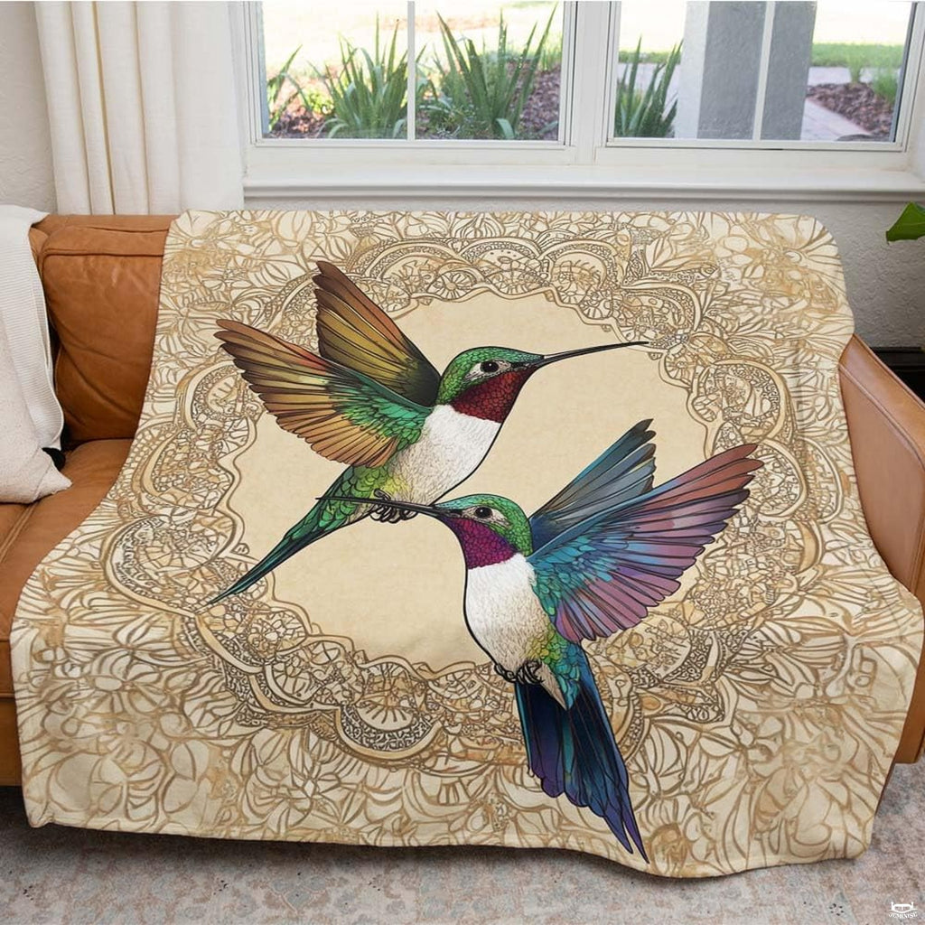 Detailed view of the ornamental lace border and avian illustration.