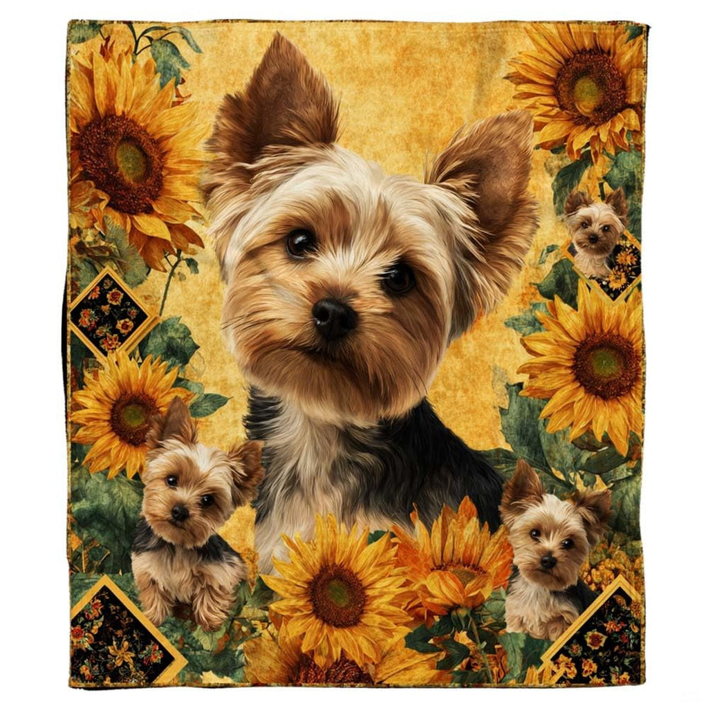 Close-up of the painted Yorkshire Terrier face displaying inquisitive dark eyes and fur textures on a blanket