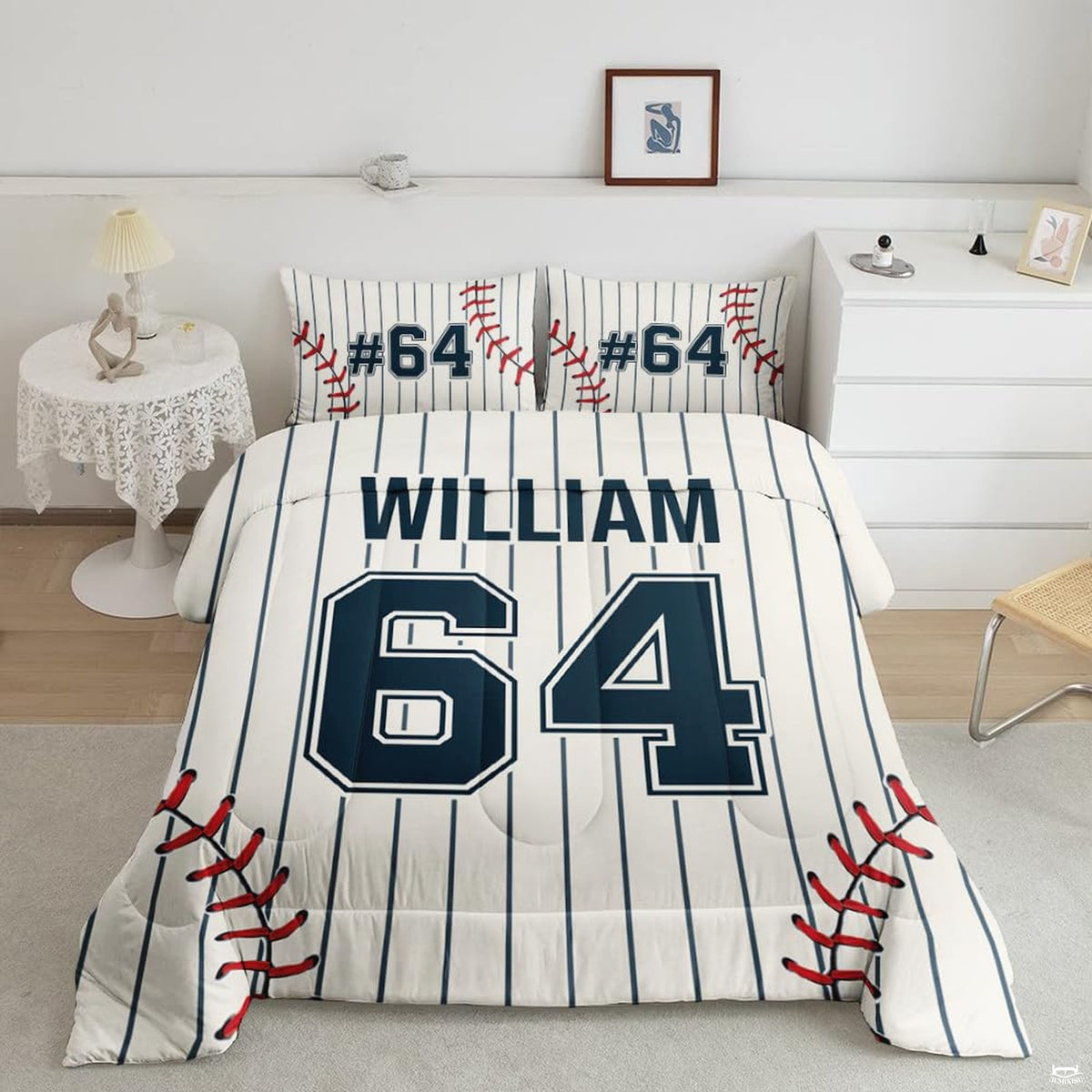 Baseball jersey bedding set double layout featuring navy pinstripes and red ball seam graphics.