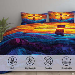 Side angle view of scripture bedding displaying vivid plum, violet, and amber color tones