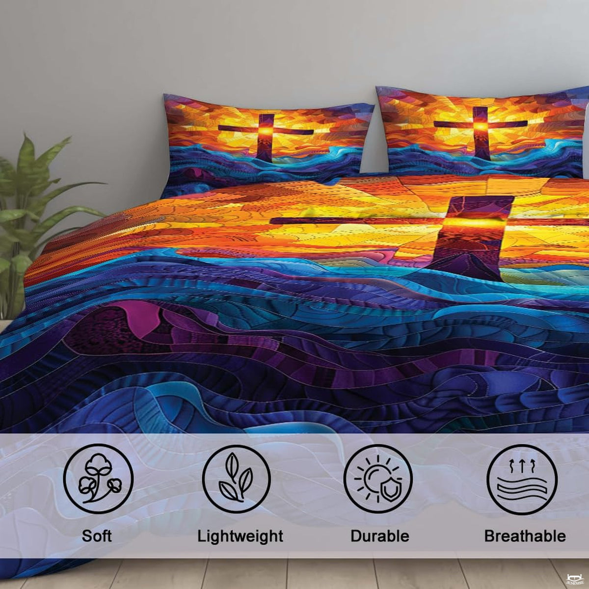 Side angle view of scripture bedding displaying vivid plum, violet, and amber color tones