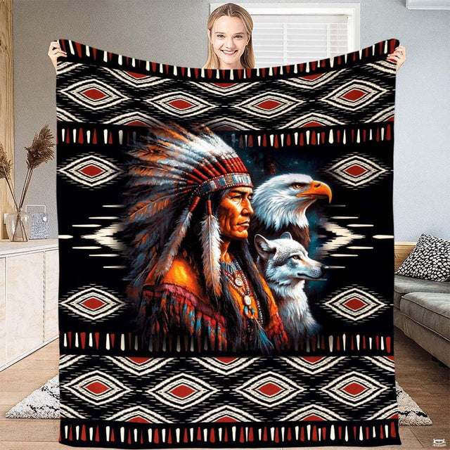 Native warrior in feather headdress with eagle, wolf, and southwest geometric pattern throw blanket