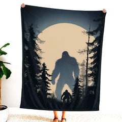 Close-up of towering Sasquatch silhouette and crouching companion in forest.