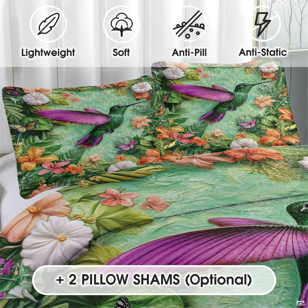 Close view of hummingbird floral pillow artwork