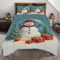 Spruce teal and berry snowman bedding set with illustrated snowman figures and snowflake patchwork squares
