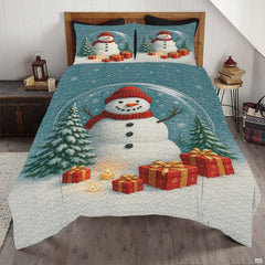 Spruce teal and berry snowman bedding set with illustrated snowman figures and snowflake patchwork squares