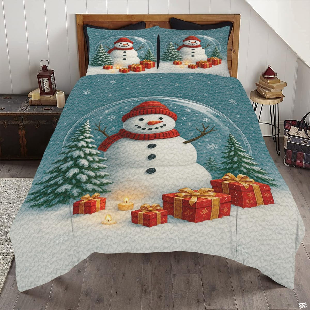 Spruce teal and berry snowman bedding set with illustrated snowman figures and snowflake patchwork squares