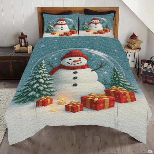 Spruce teal and berry snowman bedding set with illustrated snowman figures and snowflake patchwork squares