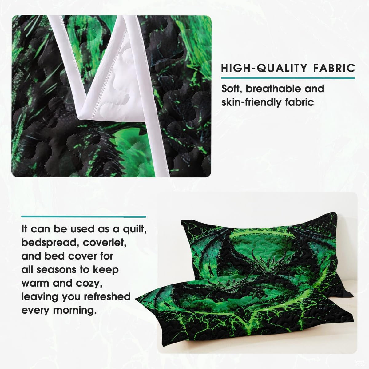 Angle view of fantasy bedding illustrating vibrant emerald magma cracks and obsidian textures