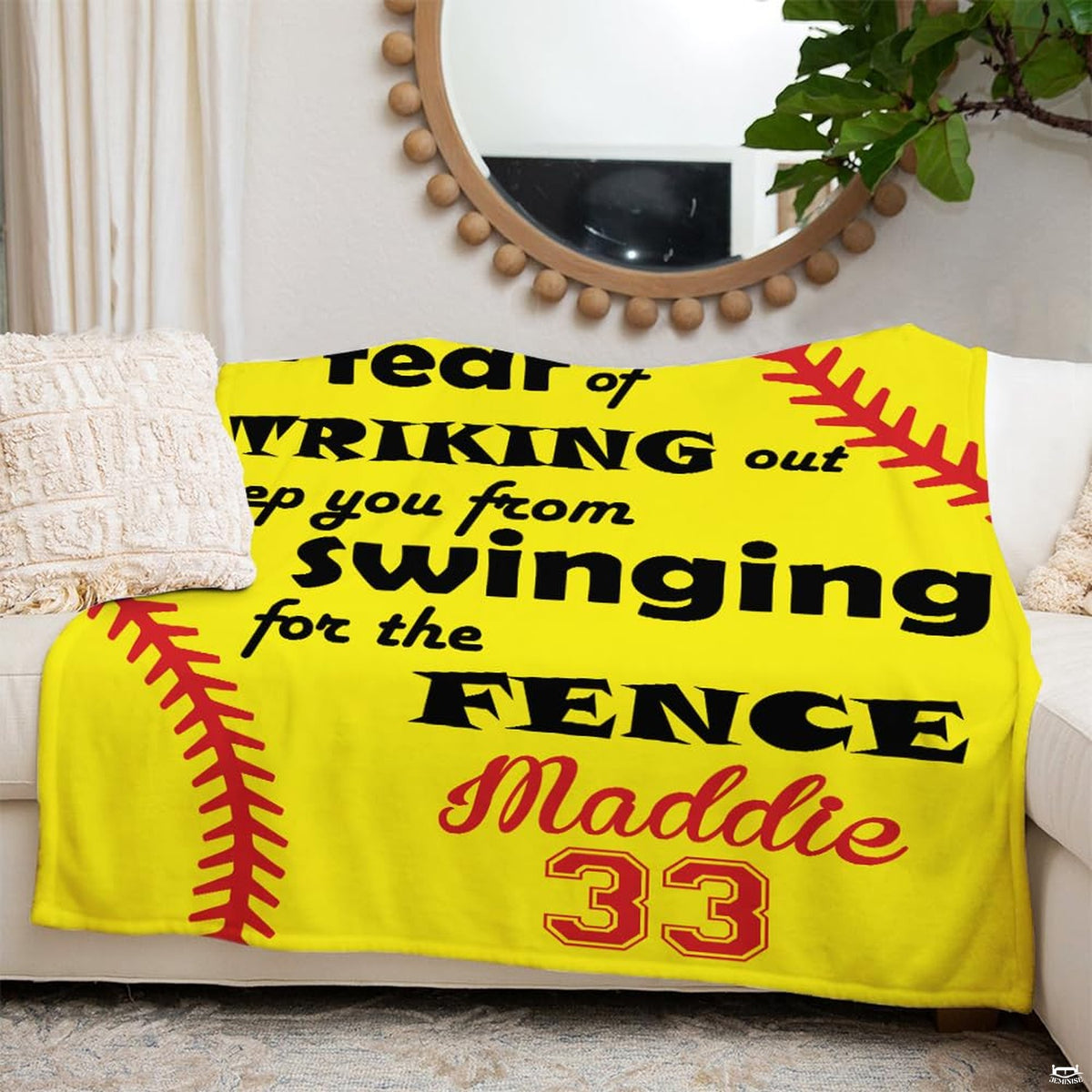 Bedroom interior display showing inspirational softball throw blanket styled on modern bed setting