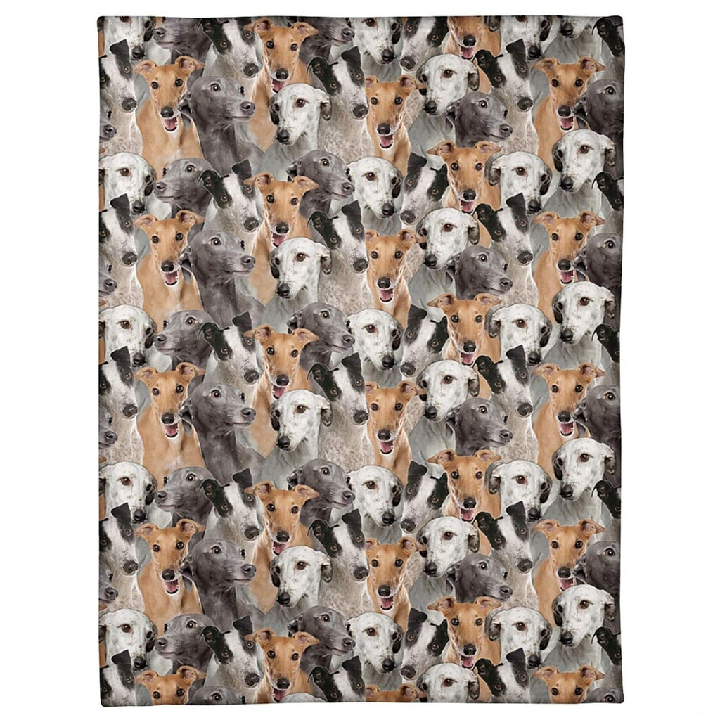 All-over pattern display showing a dense photo collage of slender Greyhound dog portraits.
