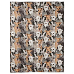 All-over pattern display showing a dense photo collage of slender Greyhound dog portraits.