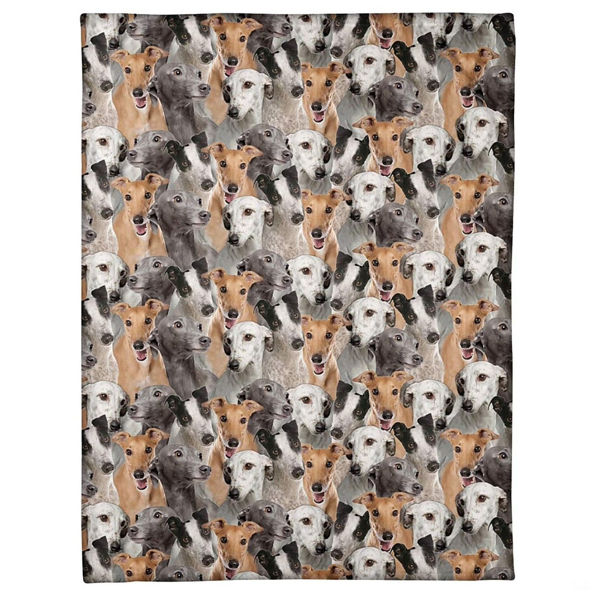All-over pattern display showing a dense photo collage of slender Greyhound dog portraits.