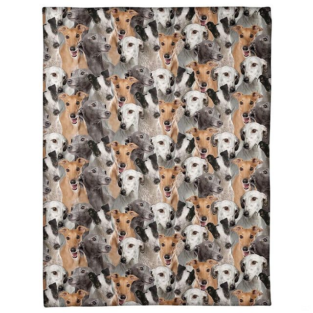All-over pattern display showing a dense photo collage of slender Greyhound dog portraits.