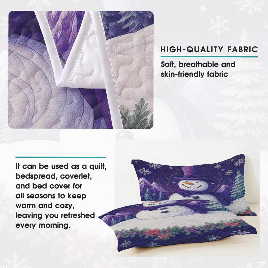 Festive bedroom styling of holiday bedding set arranged on a wooden bed frame with winter room decor.