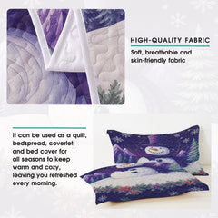 Festive bedroom styling of holiday bedding set arranged on a wooden bed frame with winter room decor.