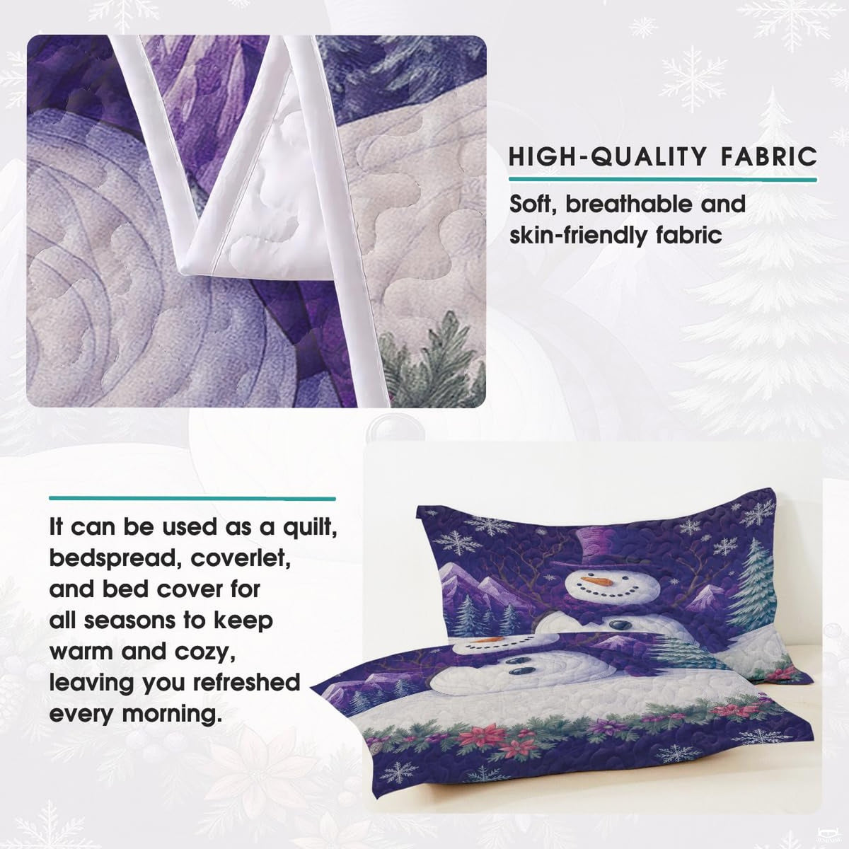 Festive bedroom styling of holiday bedding set arranged on a wooden bed frame with winter room decor.
