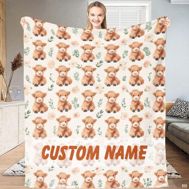 Repeating pattern of baby Highland calves and blush garden roses with banner band, view 1.