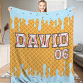 Waffle ice cream cones bedding set featuring golden amber grids, pastel blue frosting drips, and baseball graphics.