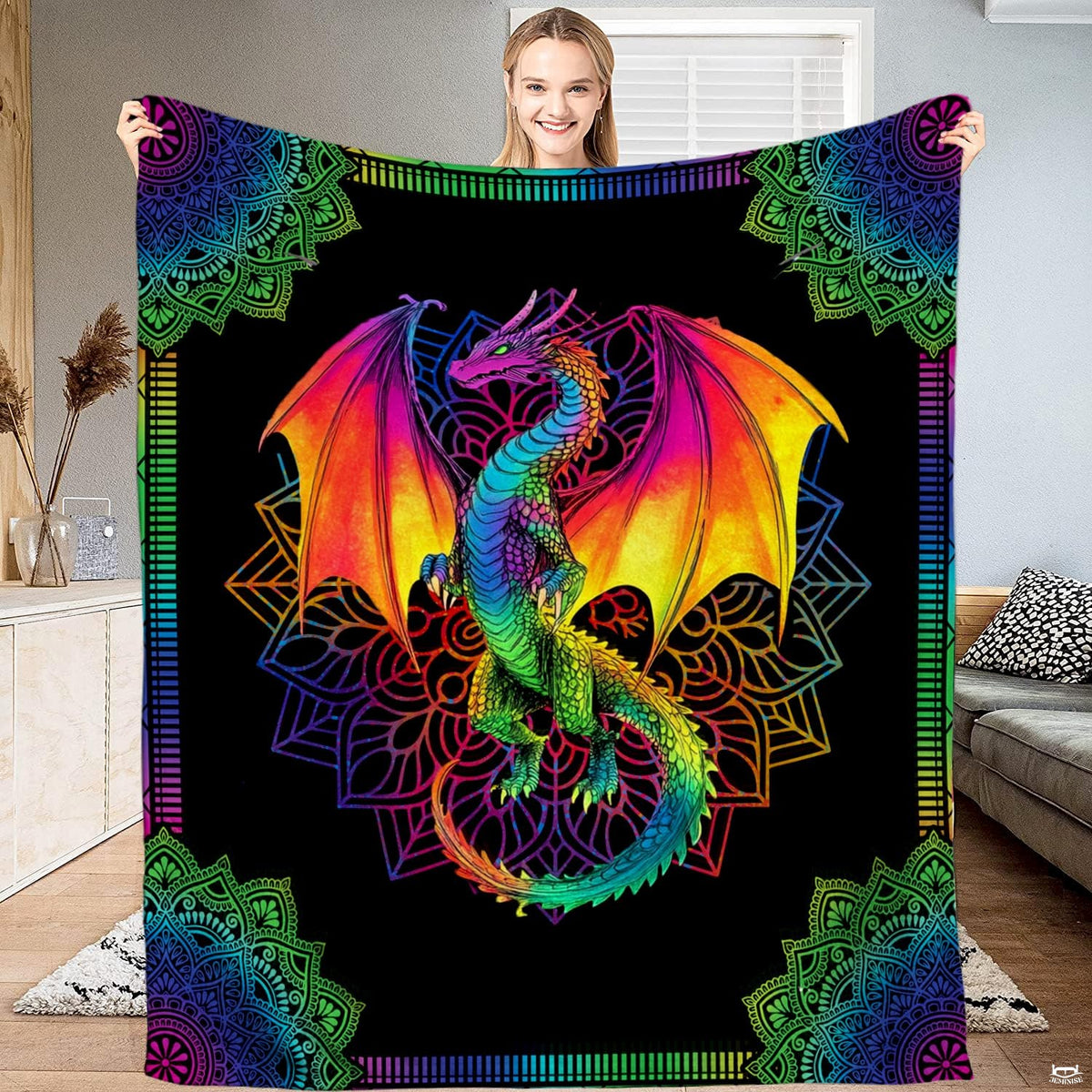 Rainbow mandala psychedelic dragon bohemian blanket showing chromatic dragon and mandala patterns view 1