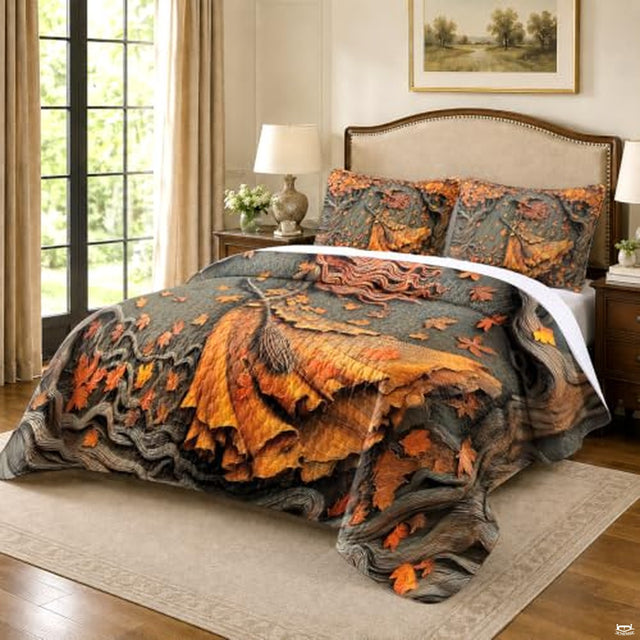 Autumn witch broomstick flying bedding with swirling leaves - view 2