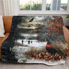 Dramatic winter painting of ringneck pheasant in frosty marsh with distant hunters, view 3.