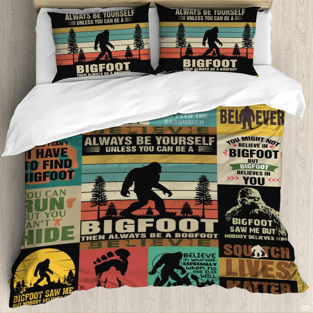 Rustic lodge bedroom styled with retro thematic accent sunset striped forest artwork on a dark backdrop.