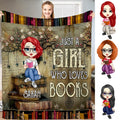 Front view of blossom tree reader girl throw blanket showing bookstack and manuscript calligraphy.