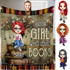 Front view of blossom tree reader girl throw blanket showing bookstack and manuscript calligraphy.