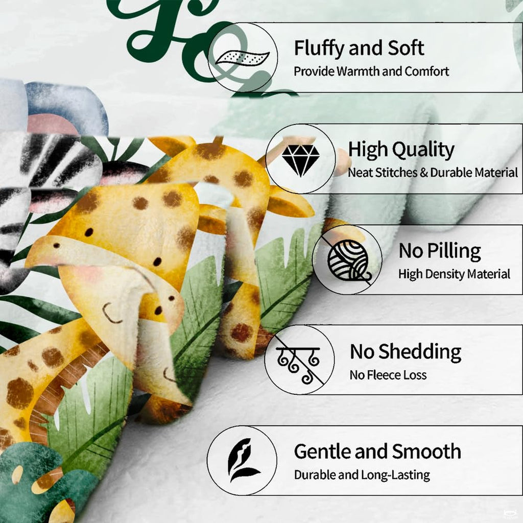 Feature infographic showing circular icons and construction details for the safari blanket.