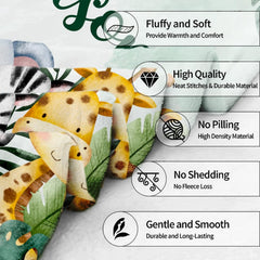 Feature infographic showing circular icons and construction details for the safari blanket.