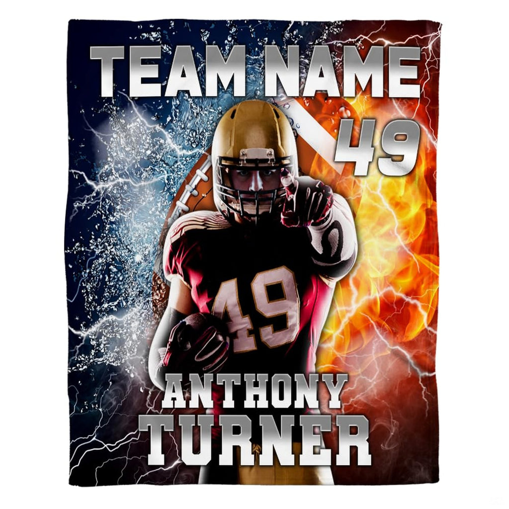 Football player fire and ice throw blanket view 2 highlighting athletic player, split lightning, and flaming ball