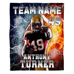 Football player fire and ice throw blanket view 2 highlighting athletic player, split lightning, and flaming ball