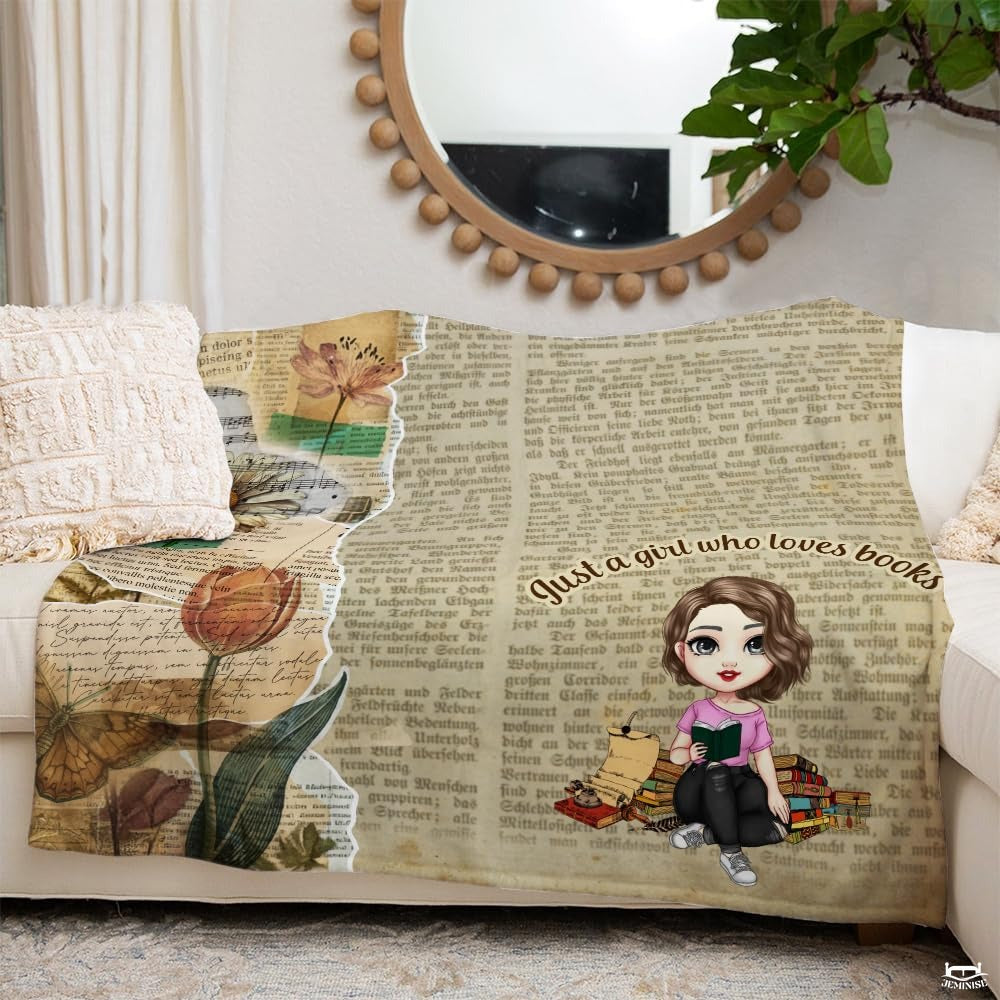 Personalized Vintage Reading Girl with Flowers Throw Blanket - Book