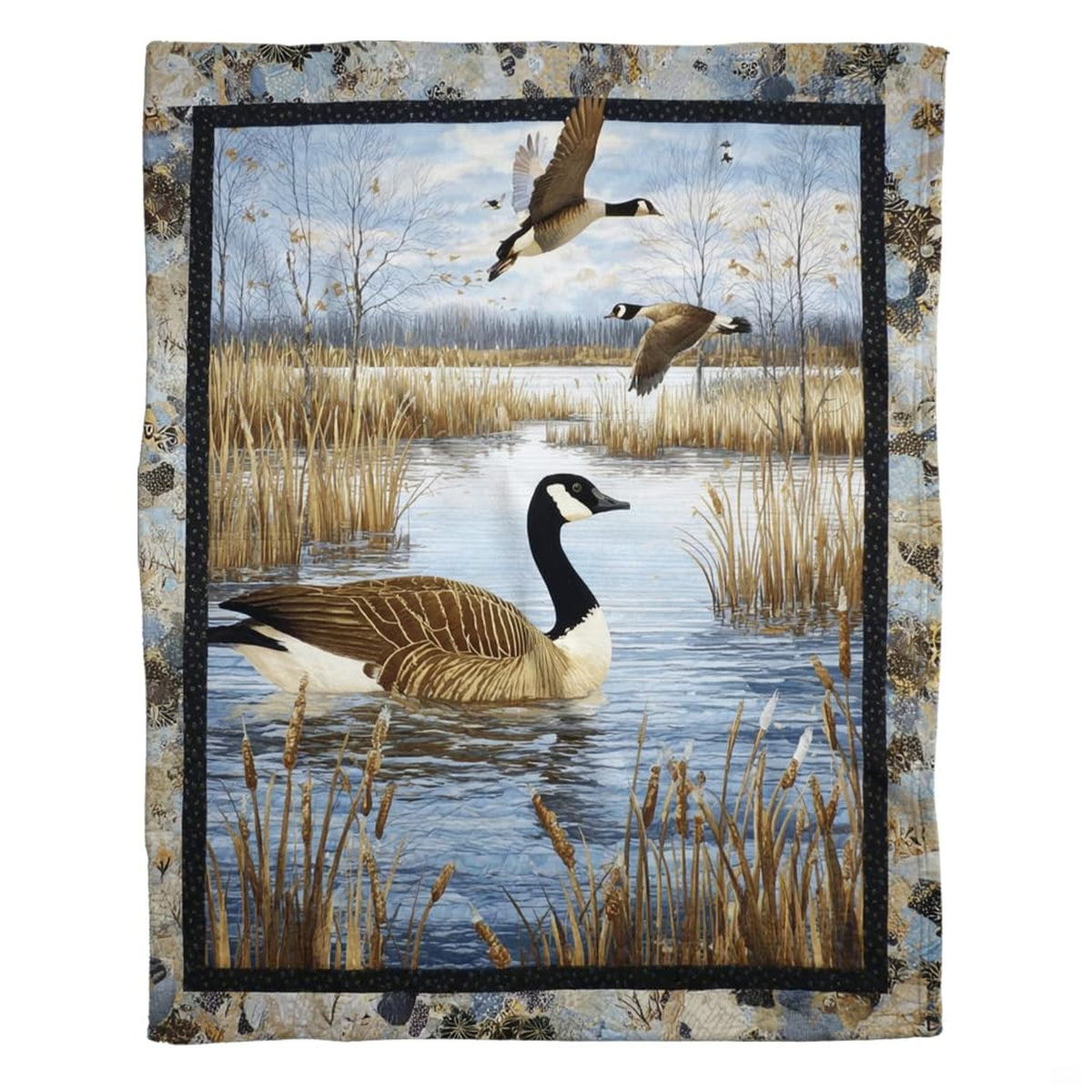 Canada goose floating on marsh water with flying geese and autumn cattails, view 7.