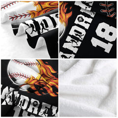 thematic accent view of fiery baseball themed bedding set set against contemporary sports bedroom decor.