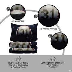 Overhead perspective of black baseball bedding arranged neatly across an athletic bedroom mattress