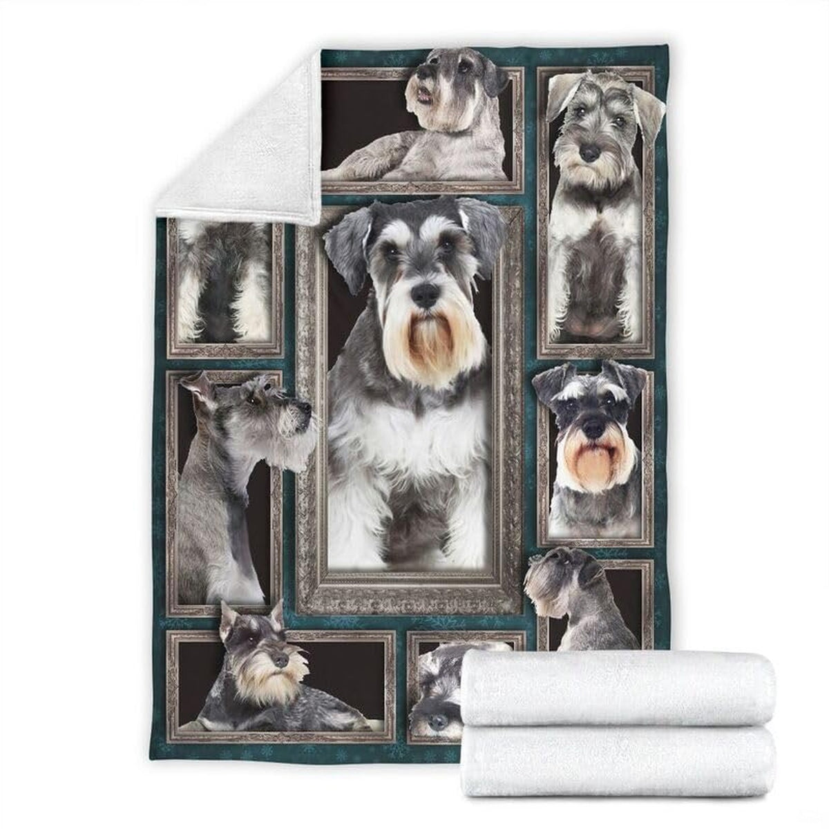 Folded corner and rolled layout of the Miniature Schnauzer blanket showing the white reverse side.