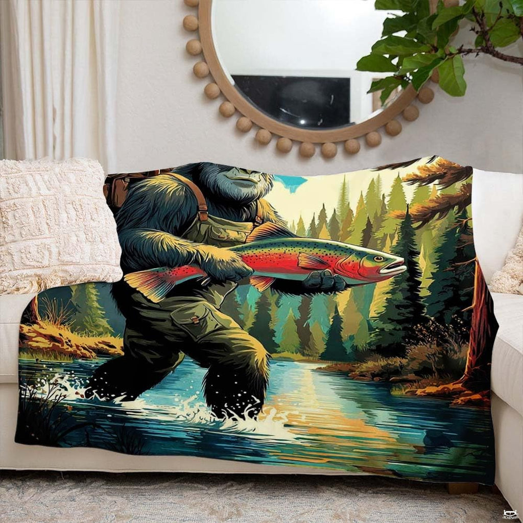 Bigfoot Sasquatch in fishing waders holding a rainbow trout in a mountain river, view 6.