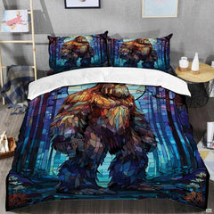 Top angle perspective of bigfoot silhouette bedding showing detailed striped sunset rings and pine tree accents.