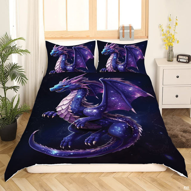 Celestial dragon bedding set artwork featuring star-infused wings across a deep indigo night sky.