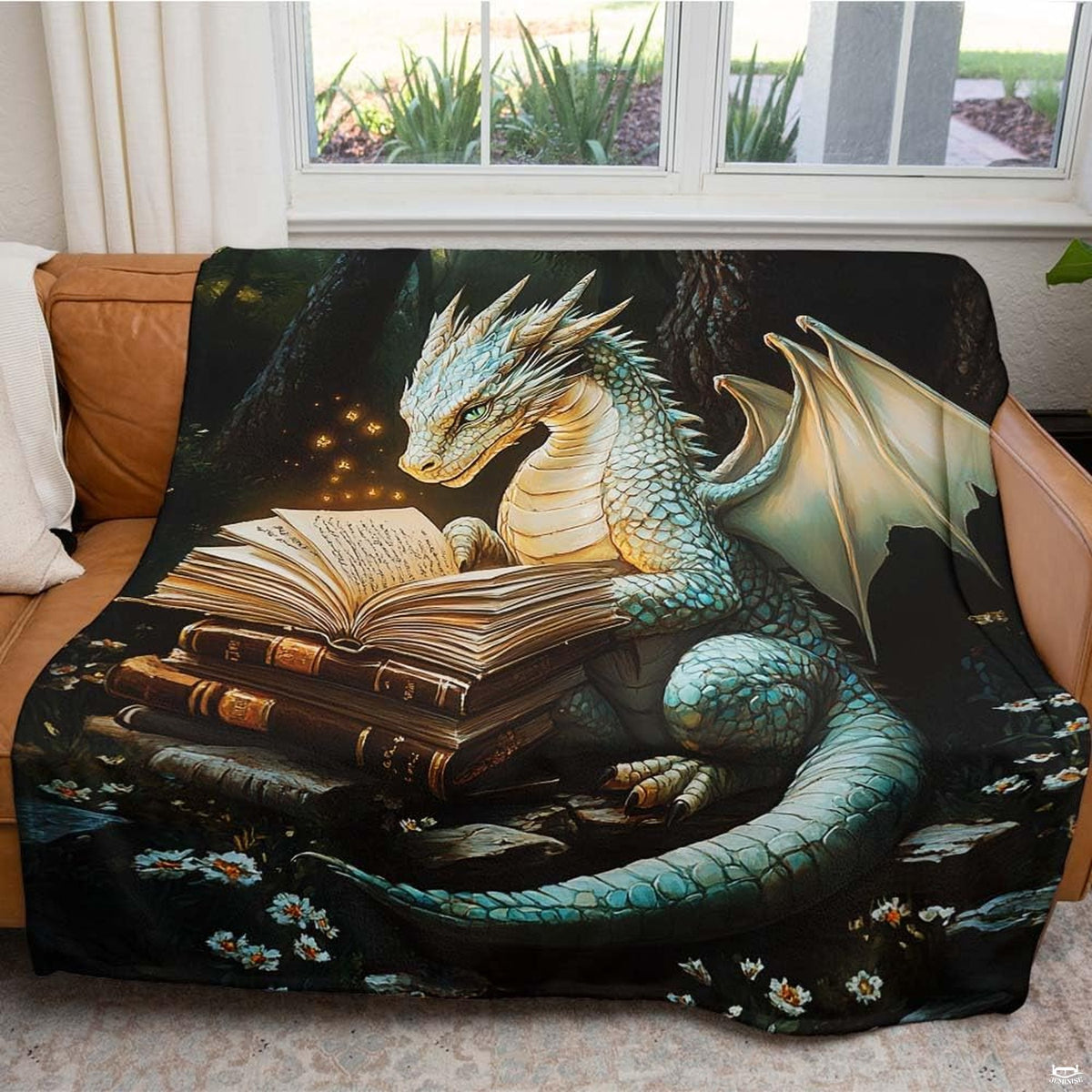 Reading dragon enchanted forest throw blanket held open displaying magical bookish artwork