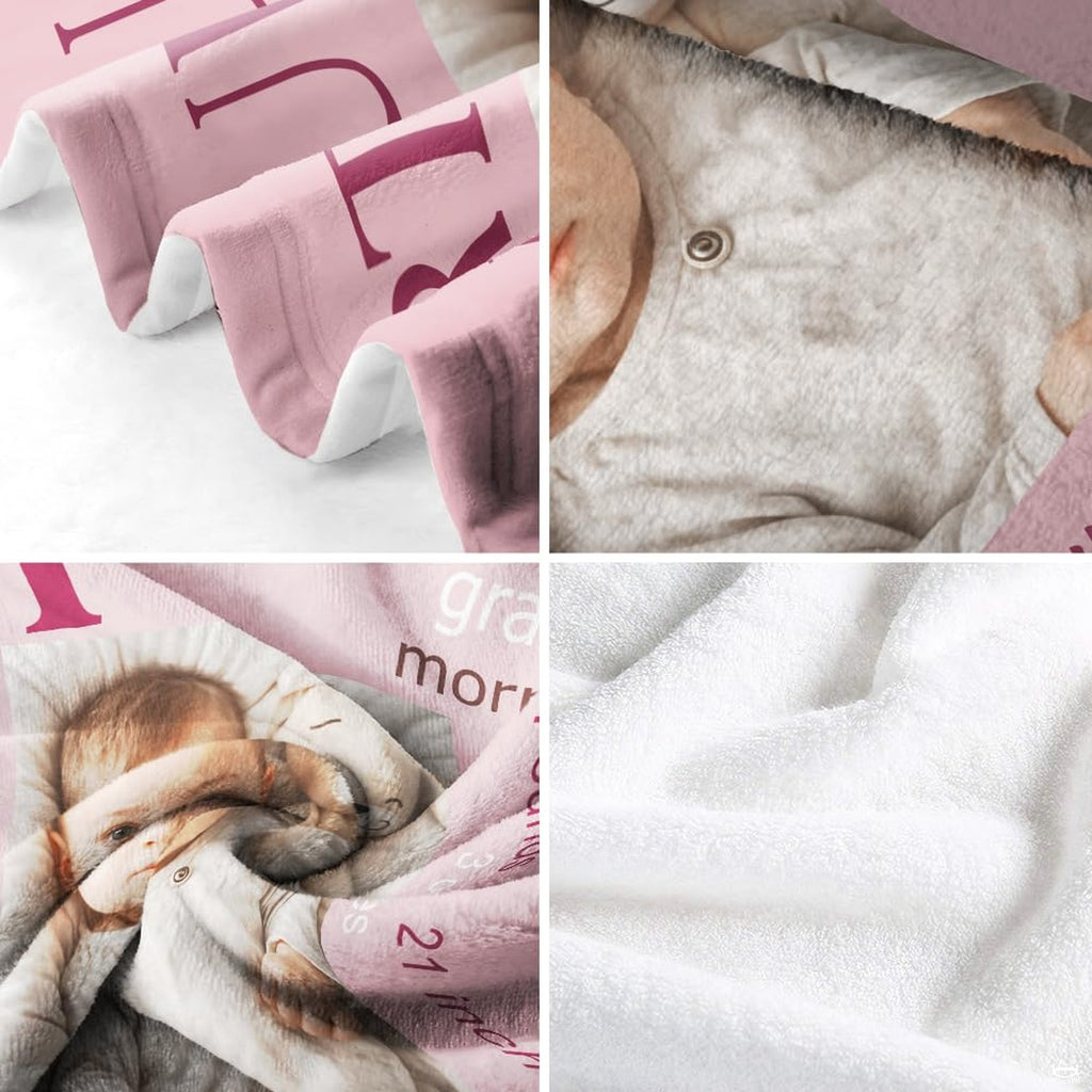 Close-up of the delicate typography and square photo frame aesthetic on pastel bedding set.