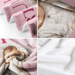 Close-up of the delicate typography and square photo frame aesthetic on pastel bedding set.