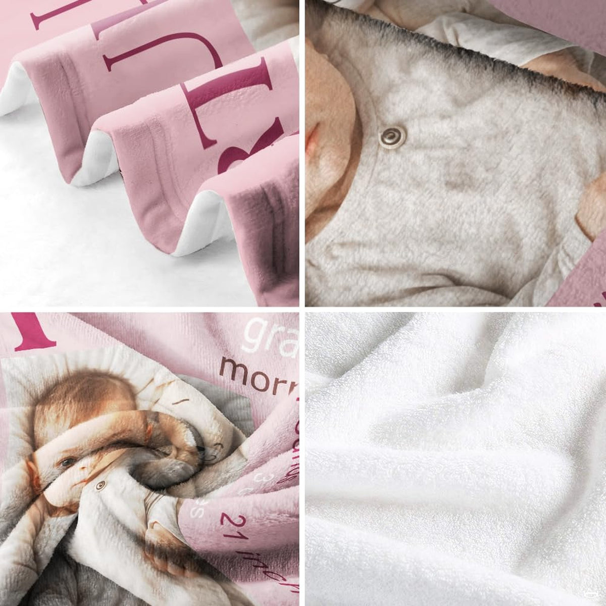 Close-up of the delicate typography and square photo frame aesthetic on pastel bedding set.
