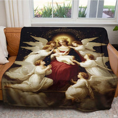 Devotional bedroom styling featuring classical Christian Renaissance sacred art motif.